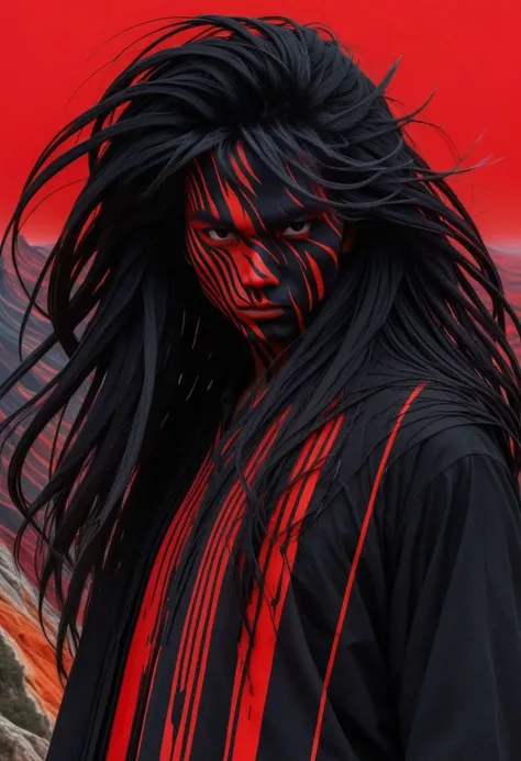 Closeup Portrait, An Abstract surreal n Abstract surreal colorful simple painted black PESonGoku standing at a cliff with extreme Long Hair throughout the frame, katana, red Blood Splash, made of lines, vertical lines, horizontal lines, Portrait Made of intertwining snakes, weaving over and under each other throughout the frame, emphasis effect, moire effect, awash in colorful shades, seamlessly extends the lines,