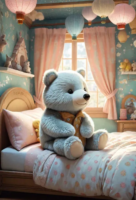 adorable concept illustration of a plushie animal peacefully sitting on a child s bed, soft lighting, gentle texture, dreamy atmosphere, pastel tones, matte finish, wide shot, by Yuko Shimizu, by Marc Brunet, by Joshua Middleton, children illustration, highly detailed, trending on artstation, fluffy, smooth, digital art, sharp focus