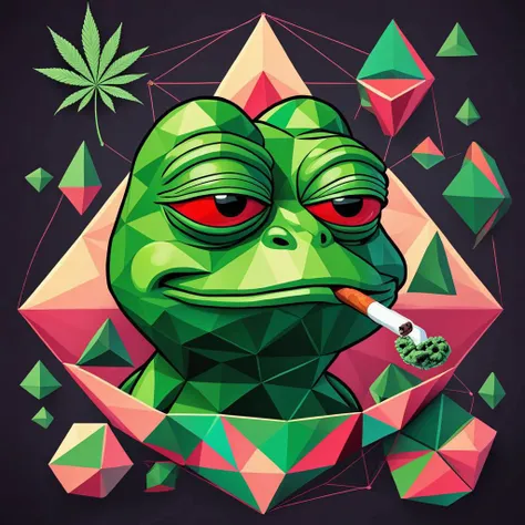 3d illustration, geometric, pepe_frog, smoking weed, stoned