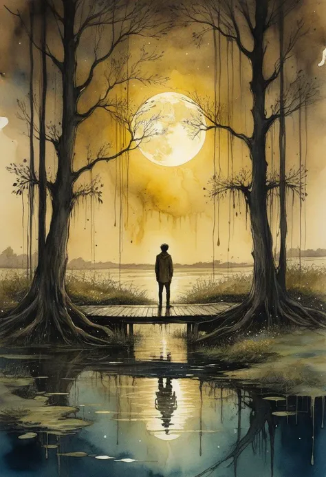 linquivera, liiv1, Ink illustration, (anime:0.5), brown tones, aged yellowing paper, inkpunk, moonlight, ink stains, ink splashes, drips, surreal, a man standing on a dock in swampy wetlands, at a distance, moonlit, lonely, solitude, consumed by wispy ribbons of wanderlust, windy, flowering vines wrapping and supporting, tall trees, willows, willowy