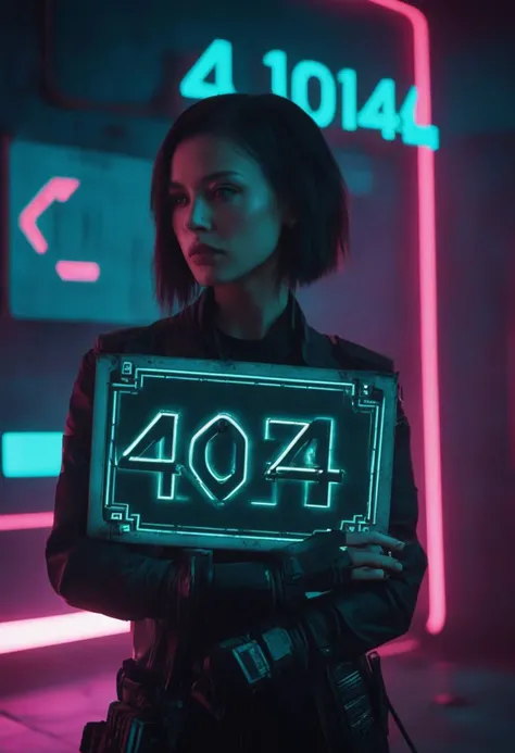 cinematic, room, cyberpunk, close-up, woman holding a sign that says "404"