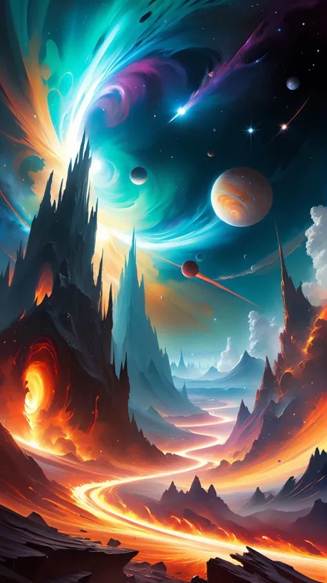 A painting of a mountain with planets and stars in the sky - SeaArt AI