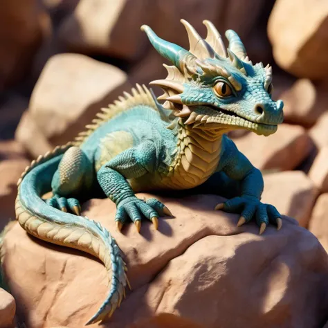 lifelike real photo of a hybrid dragon reptile sitting on a detailed textured rock