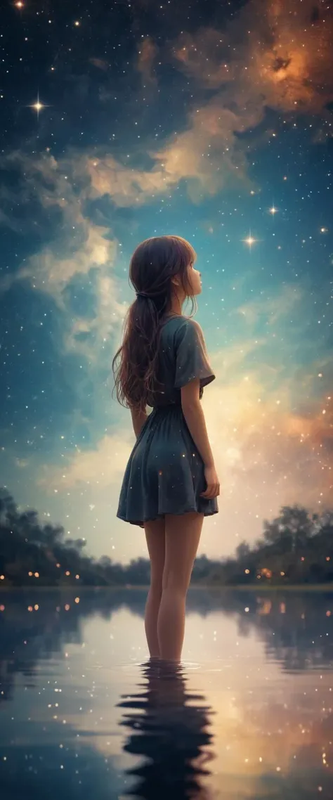 small figure of a girl on water, looking at starry night sky nebula, romantic fantasy, landscape universe, high quality, high resolution, high detail, warm colors, vignette frame