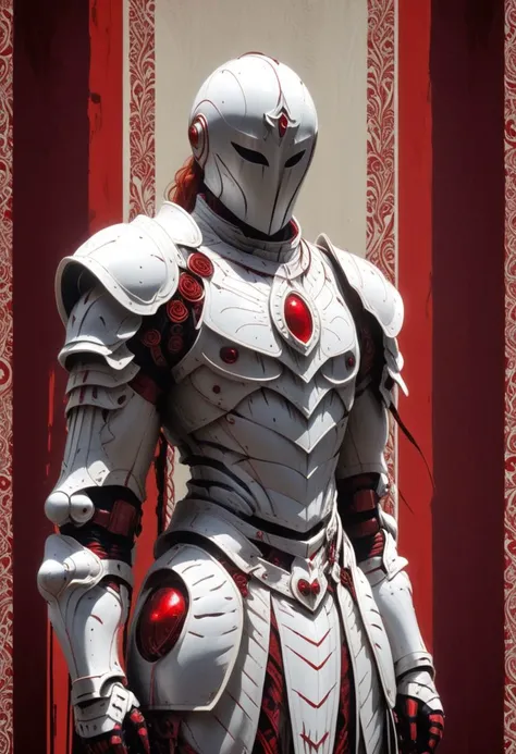 Jojo Style, White and Red lines By Bw-grignani, Made of bold lines, bold perfect aligned emphasis lines rough linen knightess with Lots of Details, hellgate London themed, high Quality, intricate, maximum resolution, hyper detailed, vertical lines, horizontal lines, Knightess Silhouette shrouded in colours,
