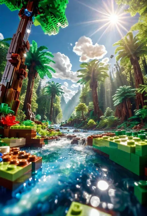 LEGO style, lush exotic forrest, with a crystal clear water river flowing thru the middle, fluffy white cloud, sun flare, blue skies, highest quality, highest resolution, 8k UHD, HDR