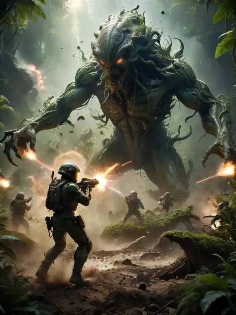 very dark focused war photo, amazing quality, masterpiece, best quality, hyper detailed, ultra detailed, UHD, perfect anatomy, portrait, dof, hyper-realism, majestic, awesome, inspiring,
Capture the thrilling showdown between the humongous alien colonist and his laser weapons
and the earth space marine
in an epic battle amidst swirling gravel and explosions. Embrace the action and chaos as these formidable forces clash in the heart of the green jungle of this otherwolrdly planet.
cinematic composition, soft shadows, national geographic style, ethereal, dreamy, mysterious, fantasy, highly detailed
<lora:EnvyInkSwirlXL01:0.2> swirling ink <lora:alienxl:0.2> alien, monster, creature, science fiction <lora:xl_more_art-full_v1:0.85> <lora:zavy-cntrst-sdxl:0.1> dark, chiaroscuro, low-key