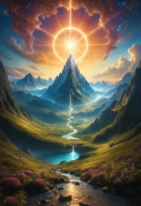 of an impossible landscape with a infinite multi dimension portal, a beautiful ultradetailed matte painting a lush mountain range at dusk by tomasz alen kopera and Justin Gerard and Dan Mumford, tarot card, dazzling energy, ultra wide angle shot, high angle shot, intricate, fractal magic, rays of god, hyperdetailed, micro details, volumetric lighting, 8k, ray tracing, polarized lens
