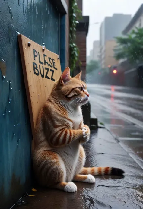 board,text, big board with text,("Please drop some buzz":1.4), outdoors, poor, wall, (wet:1.1),(sad, tears from eyes), city street, poor crying sad cat, sitting by wall holding board on hands, (from above), low angle, 8k, ultra detailed, cinematic, rain, close-up