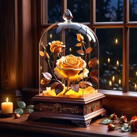 8k, dslr photo, photorealistic,hyperrealism, a polished translucent beeswax delicate rose sculpture inside a intricate dark cedar music box near a window, cozy, autumn , dust flying, warm lighting, eerie lights, fantasy ,(dusk),<lora:add-detail-xl:0.8>, radiosity, photon mapping, global illumination, <lora:add-detail-xl:1.5> <lora:treebark-SDXL-s-exp:1> texture, close-up