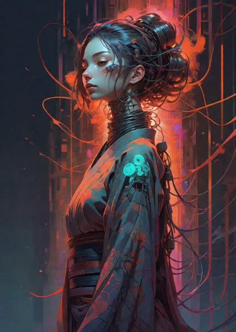 1girl, cyborg , colorful (kimono)
tired, resting eyes closed
gradient detailed arms detailed body
mechanical arms rusty, turtleneck tight
oriental poetic horror
tubes , wires
demons runes ghost haunted
anime 2d illust game
art by Harumi Hironaka Zdzislaw Beksinski
SimplepositiveXLv1