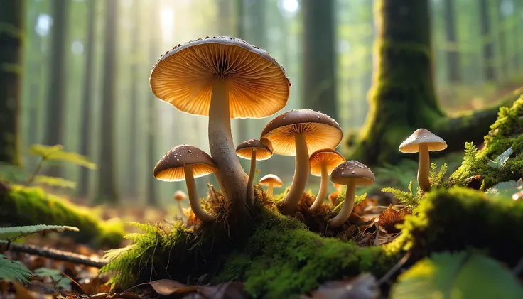 Raw macro photography of mushrooms in a deciduous forest, detailed, intricate, uhd, 4k, perfect composition, masterpiece, flickr, artstation