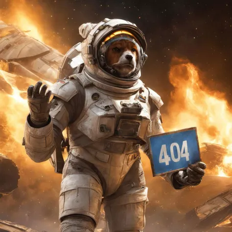 (best quality, 4k, 8k, highres, masterpiece:1.2), ultra-detailed, hyper-realistic, best quality, two torn apart spaceships in fire, Earth in background, full body photo of an astronaut, confused, very sad face (with his hand holding a sign reading "404!!!")