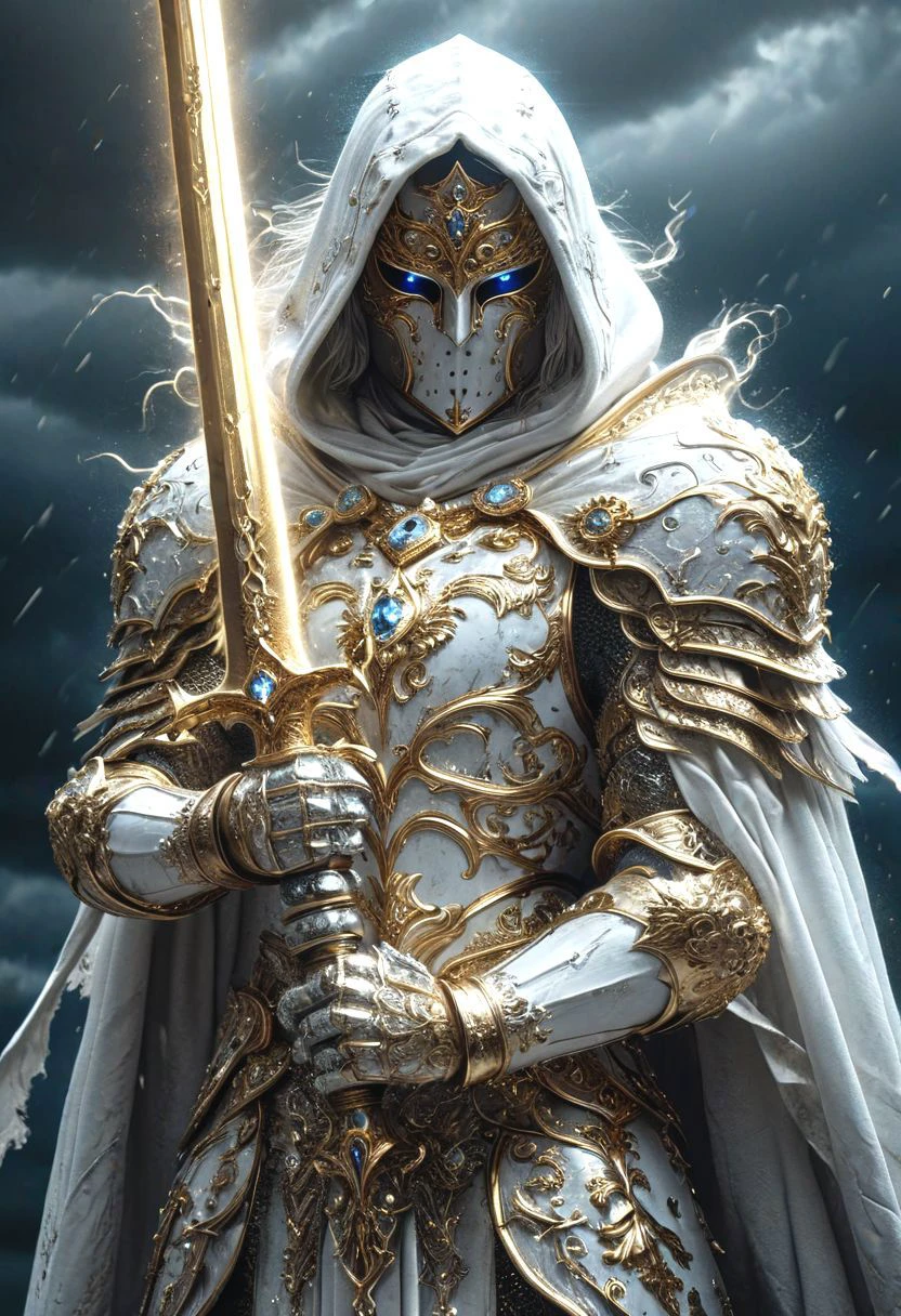 A stunning, highly detailed dark fantasy full body illustration of a proud angelical warrior wearing intricate medieval white HKStyle armor and an epic white ornamented mask, holding a great golden glowing sword, golden and blue glooming eyes, very wide shoulders, wearing big gauntlets, epic composition. The warrior stands heroic with a flowing cloak and white hood during a storm with foggy gloom, thunderclouds in the background . The scene depicts him with brooding emotional agony , style by Greg Rutkowski, by Milo Manara and Russ Mills, with insanely intricate details and textures, gloomy dramatic lighting, 8K resolution
<lora:HKStyle:0.85>, HKStyle,
<lora:add-detail-xl:1.5>,
<lora:quality1:0.75>,
<lora:extremely_detailed:0.6>, extremely detailed,
<lora:ral-bling-sdxl:0.7> ral-bling,
