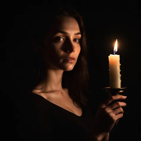 extremely detailed 16k UHD RAW photo of a woman with a candle in a pitch-black dark background, taken by a professional photographer with DSLR