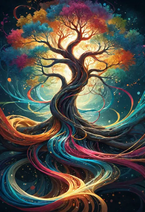 linquivera, liiv1, digital illustration, (anime:0.3) realistic, surreal, tree of life, fantasy, regal, bold sinuous lines, tangled with colorful flowing ribbons and threads, swirling bands of fate and magic, wind, floating, motes of light