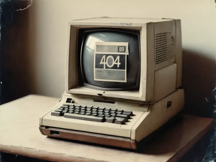 an analogue photo of an ancient computer, with ("404":1.9) displayed on it's two tone screen, faded polaroid photograph