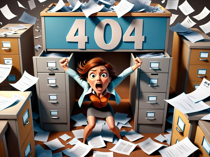 a skewed 3D overhead view of a lonely open file cabinet in an office surrounded by huge messy heaps of scattered pages, an angry woman is screaming furiously standing by the file cabinet is shaking her fists at the viewer, buried in pages, one page on top with the text "404", highest quality, highly intricate, highly detailed, absurdres, pixar, masterpiece, cute, high resolution textures, complex, sharp, clear, artstation, <lora:BetterTextRedmond:1>, <lora:AdvancedEnhancerXLv2:1>