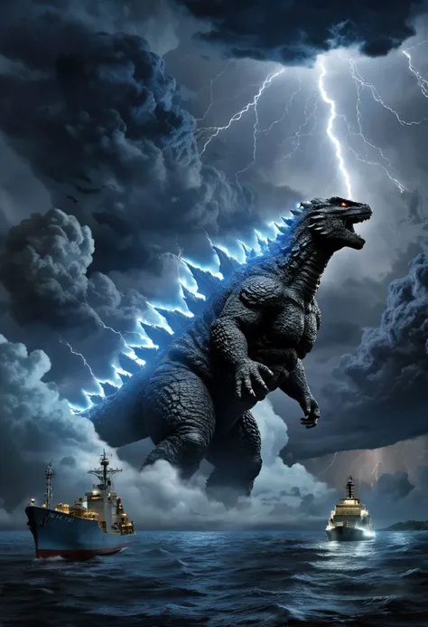 photorealism.night,godzilla below and ship above,ship,stark,(best quality:1.2),High quality texture,clouds and thunderstorms,high quality,real fish,