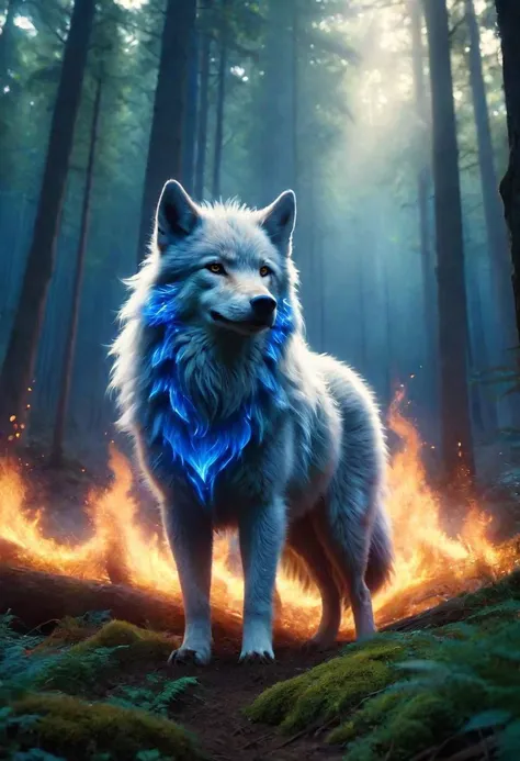 A royal flaming wolf emerging from a magical big forest, blue flames, front facing, portrait, closeup, dark, bokeh, dawn, god rays, highly detailed, highres, Cinematic, Cinemascope, astonishing, epic, gorgeous, ral-fluff