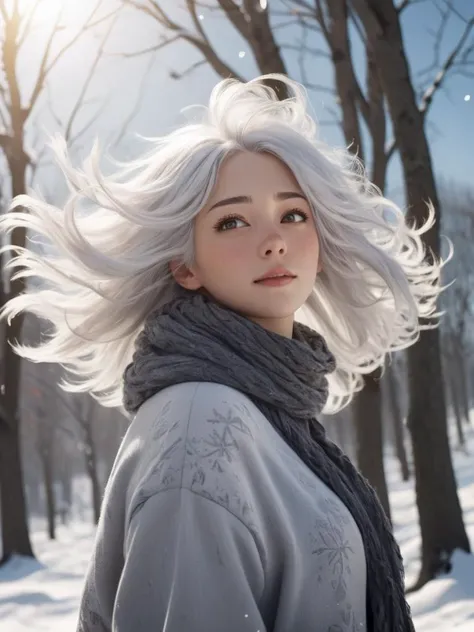 White hair, windy, floating hair, snowy, upper body, detailed face, winter, trees, sunshine, cinematic