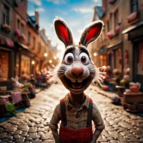 a photo of <lora:ShaunSDXL:1> a rabbit dancing in the street - highest quality, masterpiece, highly detailed, cinematic, 35mm photograph, film, bokeh