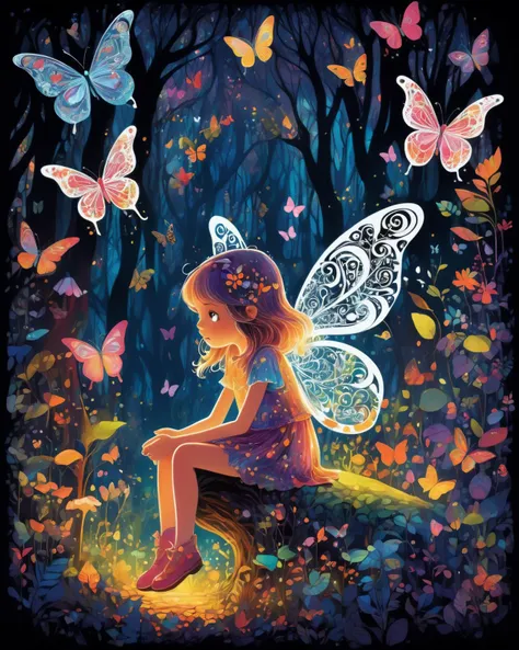 Typographic art 1girl, adorable girl, mini girl, butterfly sitting, trapped in a surreal fairy forest, optimistic expression, fairytale, vibrant colors, beautifully lit . Stylized, intricate, detailed, artistic, text-based