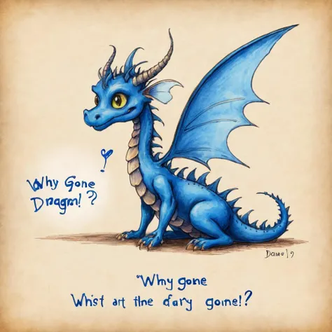 child drawing of blue fairy dragon, with text "why gone?"
