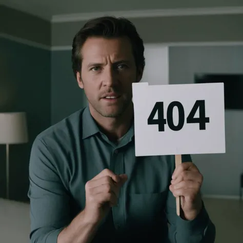 cinematic, room, close-up, Man holding a sign that says "404"