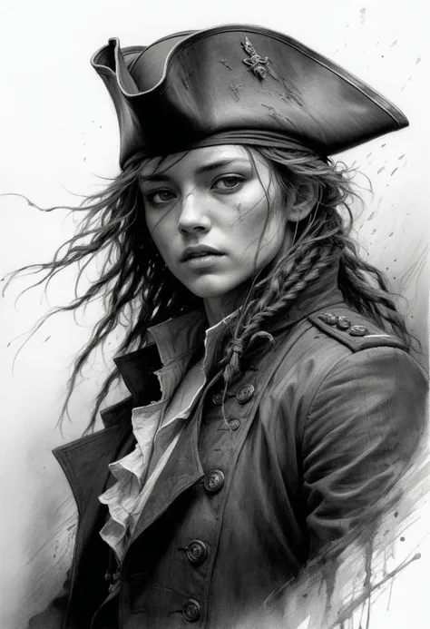 sketch artsyle, charcoal lines, strong blacks, highly detailed linework reminiscent of Carne Griffiths, imbued with Wadim Kashim's texture, light and airy as Carl Larsson's compositions, old ship, black sails, pirate captain, hat, hair, wind, sea, motion, wind, heavy rain, featuring Pascal Blanche-style hyper-realistic characters, pastel, elegance, dramatic lighting, greyscale, expressive camera angle, matte, concept art, disintegrating