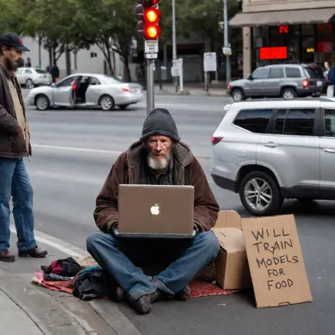Homeless man with laptop begging at a red light with a cardboard sign that reads "will train models for food"