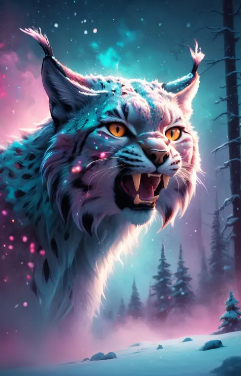 dream illustration, fairytale, oil painting, 8k, HD, a large lynx roaring, background, beautiful snowy forest, floating snowflakes, snow storm, HD, golden, light cyan, light teal, magenta red, light purple, moonrise colors, night time lighting atmosphere (digital drawing:1.2), Comic style, toon style, illustrative funk, retrowave graffiti, perspective view, extreme face close-up, T-Shirt Graphic, ultra hd, realistic, vivid colors, highly detailed, UHD drawing, pen and ink, perfect composition, beautiful detailed intricate insanely detailed octane render trending on artstation, 8k artistic photography, photorealistic concept art, soft natural volumetric cinematic perfect light <lora:sdxl_lora_dream:0.8>