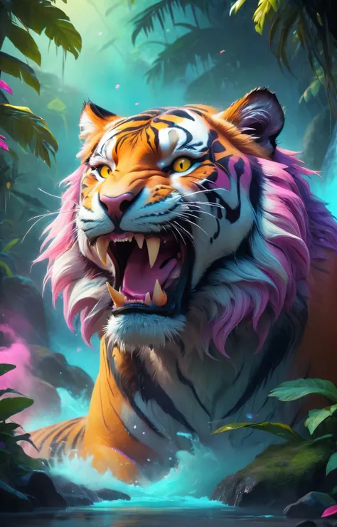 dream illustration, fairytale, oil painting, 8k, HD, a large tiger roaring, background, beautiful lush jungle, HD, golden, light yellow, light teal, magenta red, light purple, moonlight colors, cold lighting atmosphere (digital drawing:1.2), comic style, toon style, illustrative funk, retrowave graffiti, perspective view, extreme face close-up, T-Shirt Graphic, ultra hd, realistic, vivid colors, highly detailed, UHD drawing, pen and ink, perfect composition, beautiful detailed intricate insanely detailed octane render trending on artstation, 8k artistic photography, photorealistic concept art, soft natural volumetric cinematic perfect light <lora:sdxl_lora_dream:0.8>