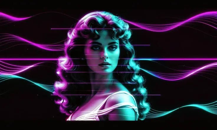 synthwave goddess, vhs, scanlines, film grain, retro, synthwave