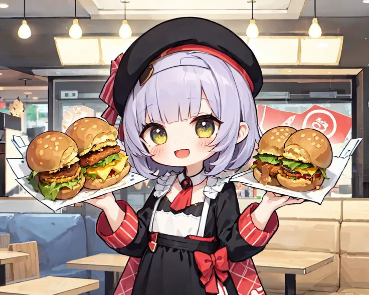 (masterpiece, best quality:1.1), <lora:Noelle-v7.5:0:0.8>(chibi), 6+girls, kfc costume, beret, holding tray of food, smile, open mouth, fast food restaurant