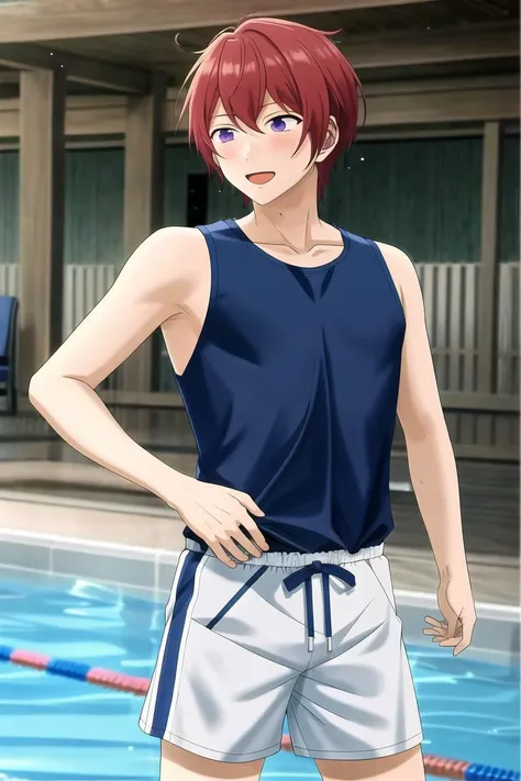 Anime boy in swimsuit standing in pool, High-cut swimwear, U-back swimsuit, rating:safe, solo, smile, Boy with short red hair, Boy standing by the pool, grin, looking_at_viewer, Show your ass, , Cool boy in black and red tank suit,A boy is looking back , cowboy_shot, shiny, shiny_hair, Boy with brown eyes, water, bangs, indoors, garments:High-cut swimwear, from_behind, from_side, pool_ladder, legs_together, highleg