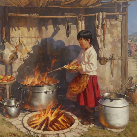 Mongolian girl cooking outdoor, seating
highres, hq, highly detailed, oil painting,
<lyco:Meirzhan_Nurgozhin:1>