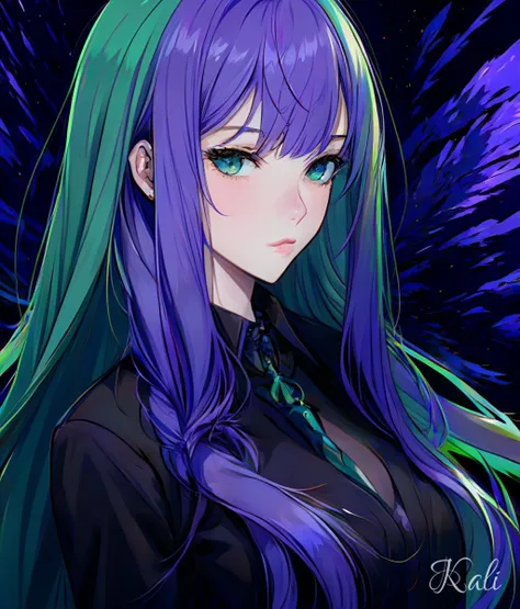 1girl, 30yo,
long purple hair, bangs,
green eyes, gradient, green aura,
(night:0.05),
(shading, detailed, high quality, shadow:1.1),