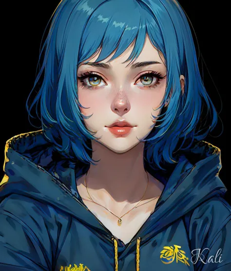 1girl, 30yo,

blue hair, bangs, 

yellow eyes, gradient,

(night, dark background:0.05),
 

(shading, detailed, high quality, shadow:1.05),