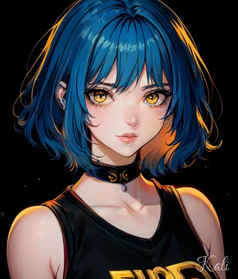 1girl, 30yo,
blue hair, bangs,
yellow eyes, gradient,
(night, dark background:0.05),
(shading, detailed, high quality, shadow:1.05),