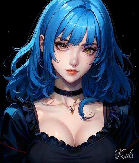1girl, 30yo,
blue hair, bangs,
yellow eyes, gradient,
(night, dark background:0.05),
(shading, detailed, high quality, shadow:1.05),