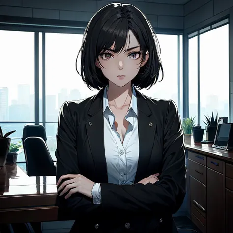 (best_quality, high_quality, highres, absurdres:1), (pixel-perfect_duplicate:1.1), perfect_lights, cinematic_shadows,
indoors, desk,
1girl, solo, cowboy_shot, looking_at_viewer, mature_female, office_lady, black_hair, short_hair, smug, green_eyes, (large_breasts:1.1), skindentation, white_shirt, black_jacket,
