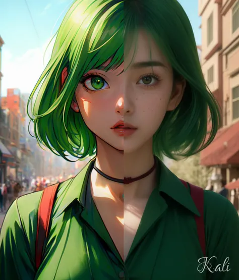 30yo Japanese woman,
green eyes, green hair,
standing in a red town square,
open green shirt,
shading, sunspots, deep shadows,
detailed, skin detail, detailed face, cinematic, hyperdetailed