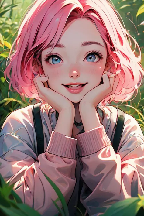 cute, happy, exited, aesthetic, 1girl with pink hair sitting in nature, detailed surroundings, little details, 4k, high quality, masterpiece, detailed face, beautiful eyes