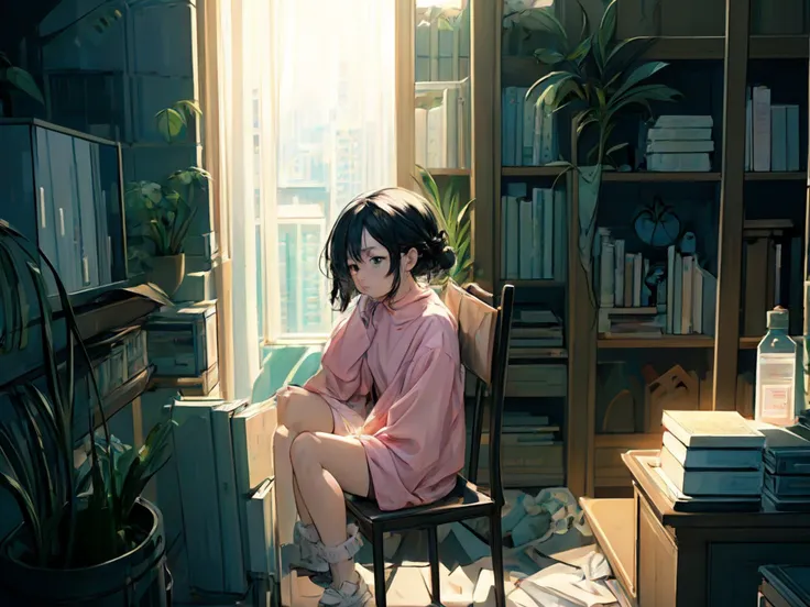 aesthetic, 1girl sitting in a library, lofi, sci-fi, detailed surroundings, little details, hyperdetailed, 4k, high quality, masterpiece, detailed face, beautiful eyes, shadow play, scenery, pale pink highlights