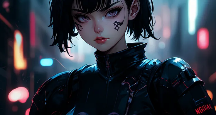 cyberpunk, 1girl, wearing goth costume, black hair, aesthetic