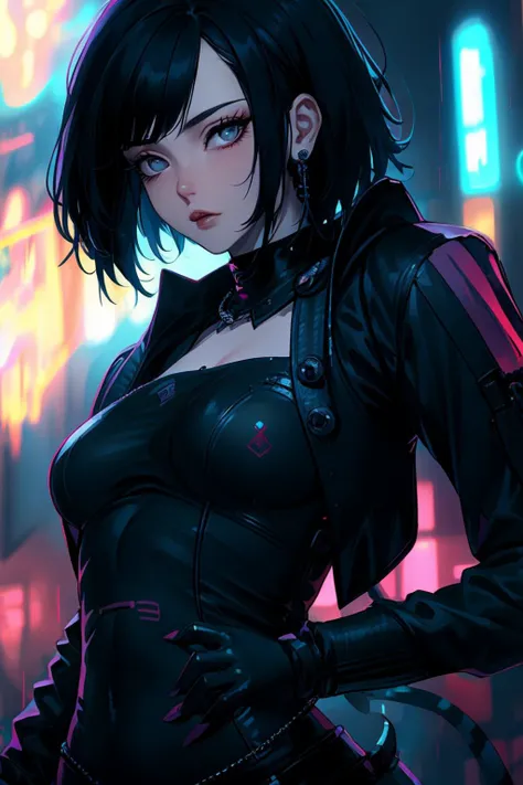 1girl, cyberpunk, wearing goth costume, black hair, aesthetic
