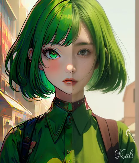 30yo Japanese woman,

green eyes, green hair, 
standing in a red town square,
open green shirt,

shading, sunspots, deep shadows,

detailed, skin detail, detailed face, cinematic, hyperdetailed,
highly detailed background,

