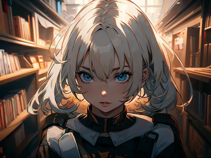 aesthetic, 1girl, lofi, in library, sci-fi, detailed surroundings, little details, hyperdetailed, 4k, high quality, masterpiece, detailed face, beautiful eyes, shadow play, scenery