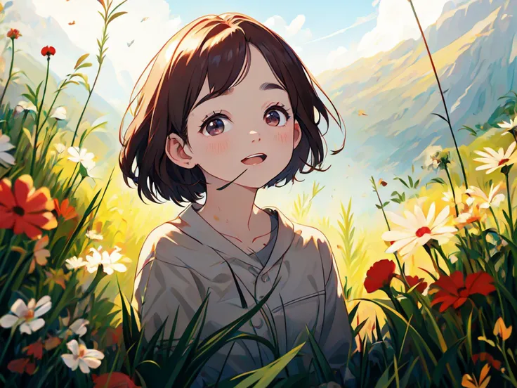 anime, flowers, cute, happy, exited, aesthetic, 1girl with brown hair sitting in nature, detailed surroundings, little details, 4k, high quality, masterpiece, detailed face, beautiful eyes